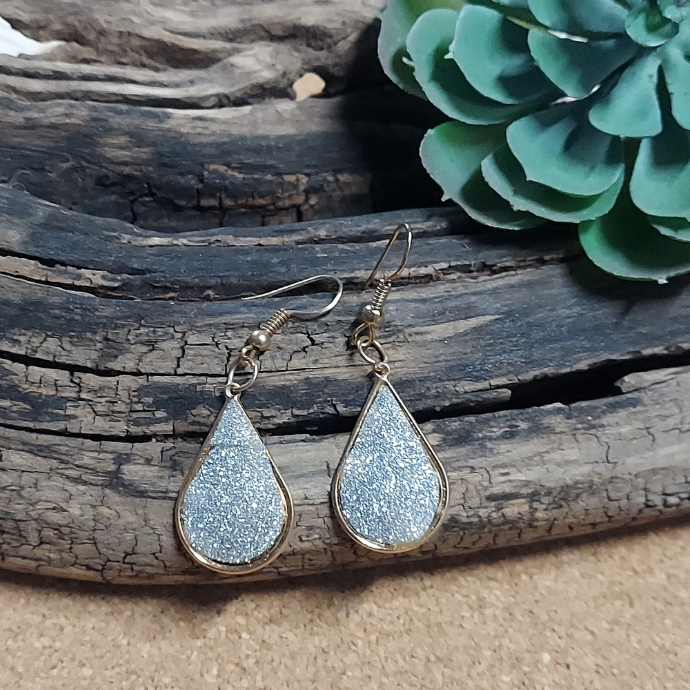 E739 Goldtone Teardrop with Silver Sparkle Glitter Accent Earrings - Picture 1 of 7